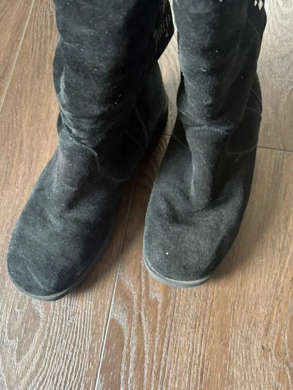 Juicy Couture black suede boots with gold & white butterfly graphic size 7